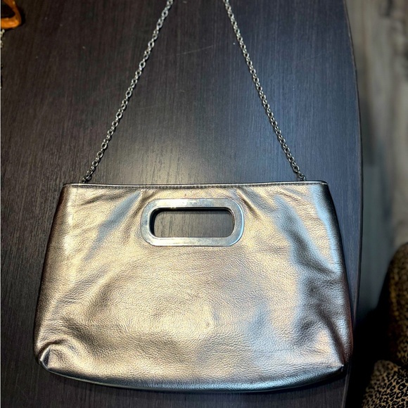 Aldo Metallic Gray/Silver Leather Clutch with chain shoulder strap - Picture 1 of 7